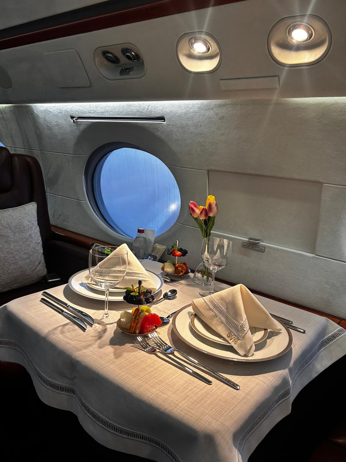 Private jet dining service close-up